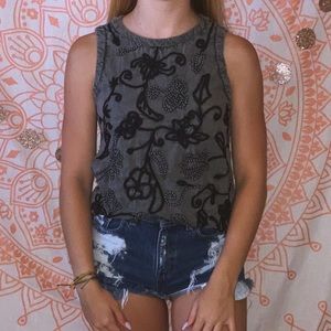 Lucky Brand Gray Eyelet Tank with Black Embroidery